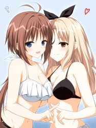  2girls :d ? antenna_hair asagi_nanami bikini black_bikini black_ribbon blue_eyes blush breast_press breasts brown_eyes brown_hair closed_mouth collarbone commentary curvy eyebrows_hidden_by_hair frilled_bikini frills grey_background hair_ribbon halterneck heart highres large_breasts light_brown_hair long_hair looking_at_another looking_at_viewer low_ponytail multiple_girls navel nervous_smile open_mouth parted_bangs ribbon simple_background smile split_mouth straight_hair sweatdrop swimsuit symmetrical_docking tsui_no_sora tsui_no_sora_(remake) upper_body very_long_hair wakatsuki_kotomi white_bikini white_ribbon x_fingers yokoyama_yasuko yuri 