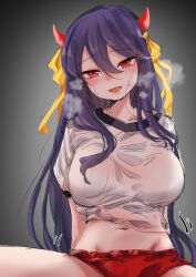  black_background bloomers blush breasts brown_dust brown_dust_2 demon_horns feet_out_of_frame female gradient_background groin gym_uniform hair_between_eyes heavy_breathing highres horns large_breasts levia_(brown_dust) long_hair looking_at_viewer motion_lines navel open_mouth purple_hair red_bloomers red_eyes red_horns shirt sin_seishun solo spread_legs steaming_body sweat very_long_hair very_sweaty white_shirt 