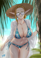  absurdres bikini blonde_hair breasts cleavage collarbone commentary cowboy_shot day dinelind_(drill_(emilio)) drill_(emilio) elf female floral_print_bikini green_eyes hat highres large_breasts long_pointy_ears looking_over_eyewear original outdoors palm_leaf parted_lips pointy_ears side-tie_bikini_bottom smile solo straw_hat sunglasses swimsuit thigh_gap 