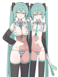  2girls :o absurdres alternate_breast_size aqua_eyes aqua_hair aqua_necktie between_breasts bikini black_sleeves black_thighhighs breasts commentary_request detached_sleeves dual_persona flat_chest hatsune_miku highres large_breasts long_hair looking_at_viewer meme_attire miku_collar_bikini multiple_girls navel necktie necktie_between_breasts shin_no_tenpii simple_background speech_bubble spring_onion standing striped_bikini striped_clothes swimsuit thighhighs twintails very_long_hair vocaloid white_background 