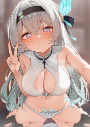  1boy absurdres armpit_crease armpits black_gloves black_hairband blue_pupils blurry blurry_background blush breasts caelus_(honkai:_star_rail) cleavage_cutout closed_mouth clothing_cutout cowboy_shot female fingerless_gloves firefly_(honkai:_star_rail) gloves grabbing_another&#039;s_thighs green_nails hairband heavy_breathing highres honkai:_star_rail honkai_(series) large_breasts long_hair looking_at_viewer nail_polish navel panties purple_eyes shirt solo_focus stomach straight sweat trailblazer_(honkai:_star_rail) underwear v wendao white_panties white_shirt 