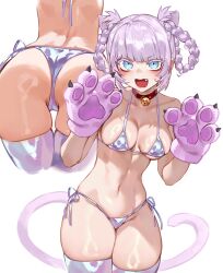  absurdres animal_ears animal_hands ass bell bikini blush braided_hair_rings breasts cat_ears cat_tail collar colored_eyelashes commentary cowboy_shot cropped_legs female foolish_potato gloves grey_bikini grey_thighhighs halterneck hands_up highres jingle_bell legs_together looking_at_viewer medium_breasts multiple_views nanakusa_nazuna_(yofukashi_no_uta) navel neck_bell oerba_yun_fang open_mouth paw_gloves purple_eyes red_collar ringed_eyes shiny_skin short_hair side-tie_bikini_bottom simple_background standing string_bikini swimsuit symbol-only_commentary tail thigh_gap thighhighs thong_bikini white_background yofukashi_no_uta 