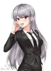  :d black_jacket black_necktie braid breasts collared_shirt fellatio_gesture grey_hair highres jacket long_hair long_sleeves medium_breasts necktie original red_eyes ruby_suguri shirt simple_background single_braid smile suit tongue tongue_out upper_body white_background white_shirt 