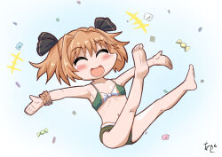  +++ adapted_costume akashieru alternate_costume barefoot bikini brown_hair brown_scrunchie candy commentary_request female food full_body green_bikini hachijou_(kancolle) kantai_collection one-hour_drawing_challenge outstretched_arms scrunchie short_hair smile solo swimsuit two_side_up wrist_scrunchie 