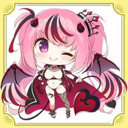  ;) anneliese belt_bra black_cape black_panties black_ribbon blush border breasts c: cape chibi cleavage closed_mouth crown curvy demon_girl demon_horns demon_tail demon_wings eyes_visible_through_hair female fishnet_thighhighs fishnets full_body groin hair_between_eyes hair_ribbon hand_on_own_hip heart-shaped_ornament horns index_finger_raised kimagure_temptation kimagure_temptation_2 kimishima_ao large_breasts long_hair looking_at_viewer lowres micro_panties mini_crown multicolored_hair navel official_alternate_costume official_art one_eye_closed outstretched_arm panties pink_eyes pink_hair pointing pointing_at_viewer promotional_art red_cape red_hair ribbon simple_background single_thighhigh smile smug solo standing streaked_hair tail tareme thighhighs twintails two-sided_cape two-sided_fabric two-tone_cape underwear v-shaped_eyebrows very_long_hair white_background wings yellow_border 