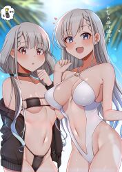  2girls :d absurdres bikini black_bikini blue_eyes blue_sky blush breasts earrings grey_hair heart highres hisakawa_hayate hisakawa_nagi idolmaster idolmaster_cinderella_girls jewelry long_hair looking_at_viewer mabanna medium_breasts micro_bikini multiple_girls navel one-piece_swimsuit open_mouth outdoors palm_tree purple_eyes sky small_breasts smile swimsuit translation_request tree white_one-piece_swimsuit 