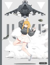  ahoge aircraft airplane arm_up artist_name atamonica blonde_hair blue_eyes bomb clenched_hands commentary cropped_jacket english_commentary explosive female fighter_jet grey_background grey_footwear grey_jacket grin hand_up hawker_harrier highres jacket jet jumping long_hair long_sleeves looking_at_viewer midriff military_vehicle miniskirt missile original personification pleated_skirt shoes sidelocks skirt smile smoke sneakers solo vehicle_and_personification white_skirt wide_sleeves 