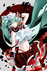  absurdres aqua_eyes aqua_hair arm_behind_head bg5120 bless_you_(module) commentary cropped_shirt female floating_clothes floating_hair flower frilled_shirt frills hair_flower hair_ornament hatsune_miku headphones highres long_hair looking_at_viewer midriff navel nisoku_hokou_(vocaloid) official_alternate_costume parted_lips project_diva_(series) project_diva_f_2nd red_ribbon red_skirt red_thighhighs ribbon shirt shoulder_tattoo skirt solo tattoo thighhighs twintails very_long_hair vocaloid white_flower white_trim wireless_microphone wrist_cuffs zettai_ryouiki 