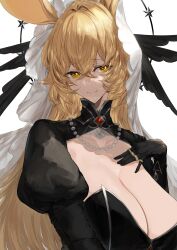  absurdres animal_ears arknights black_gloves blonde_hair breasts cleavage dorothy_(arknights) dorothy_(hand_of_destiny)_(arknights) female gloves hand_on_own_chest highres jewelry juliet_sleeves kajuu large_breasts long_sleeves multiple_rings official_alternate_costume puffy_sleeves rabbit_ears ring smile solo turtleneck upper_body veil yellow_eyes 