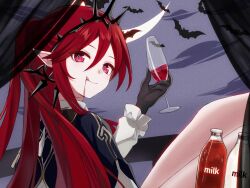  bat_(animal) black_gloves commentary_request cup drinking_glass female gangshangguang_(smjy5842) gloves hair_between_eyes highres holding holding_cup honkai:_star_rail honkai_(series) licking_lips long_hair long_sleeves looking_at_viewer looking_back obsidian_(honkai:_star_rail) pointy_ears ponytail red_eyes solo tongue tongue_out 