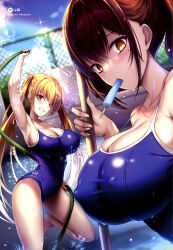  2girls absurdres akeyama_kitsune arm_up armpits bare_arms barefoot blue_one-piece_swimsuit blue_sky breasts broom brown_eyes brown_hair chain-link_fence cleavage commentary_request covered_nipples day fence food food_in_mouth hair_between_eyes highres holding holding_broom holding_hose hose large_breasts long_hair mole mole_under_eye multiple_girls non-web_source one-piece_swimsuit original outdoors pool popsicle popsicle_in_mouth rainbow red_eyes school_swimsuit sidelocks sky standing swimsuit twintails very_long_hair wet 