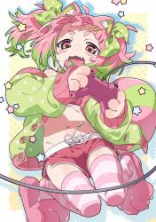  :3 absurdres ahoge animal_ears animal_hands blush borrowed_character bow buttons candy cardigan claws commission controller eating food food-themed_hair_ornament game_controller green_bow green_cardigan green_eyes green_hair green_tail hair_ornament hairbow hairclip highres holding holding_controller holding_game_controller horizontal-striped_thighhighs kirinowa lollipop medium_hair multicolored_eyes multicolored_hair navel oerba_yun_fang open_cardigan open_clothes open_mouth original paw_shoes pink_eyes pink_footwear pink_hair pink_tail pink_thighhighs polka_dot polka_dot_bow red_shorts red_tank_top short_eyebrows shorts skeb_commission slippers star_(symbol) stomach striped_clothes striped_tail striped_thighhighs tail tank_top thighhighs translation_request twintails watanabe_akio_(style) 