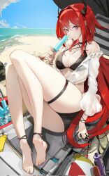  anklet arknights armpit_crease ass ball barefoot beach beach_chair beachball bikini black_bikini black_choker black_horns blue_sky bracelet breasts choker cleavage collarbone cooler cross cross_necklace day double-parted_bangs ear_piercing earrings female food hair_between_eyes highres holding holding_food holding_popsicle horns huinjebi jewelry large_breasts light_smile long_hair long_sleeves looking_at_viewer lotion necklace ocean off_shoulder on_chair outdoors piercing popsicle purple_eyes red_hair sand shirt shirt_partially_removed sidelocks sitting skindentation sky solo starfish sunscreen surtr_(arknights) swimsuit thigh_strap thighs tied_shirt very_long_hair water water_gun white_shirt 