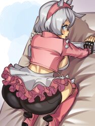  absurdres ahoge all_fours ass black_shorts bob_cut bracelet breasts dress elphelt_valentine female guilty_gear guilty_gear_strive hairband highres jacket jewelry large_breasts looking_back moxydraws on_bed pink_bracelet pink_hairband pink_jacket pink_thighhighs short_dress short_hair shorts shorts_under_dress sideboob solo spiked_bracelet spiked_hairband spiked_jacket spiked_thighlet spikes thighhighs white_hair 