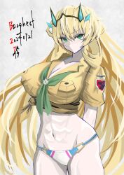  abs absurdres arms_behind_back barghest_(fate) barghest_(swimsuit_archer)_(fate) barghest_(swimsuit_archer)_(final_ascension)_(fate) barghest_(swimsuit_archer)_(first_ascension)_(fate) bikini blonde_hair breasts cleavage fate/grand_order fate_(series) female green_eyes highres large_breasts long_hair looking_at_viewer muscular muscular_female navel neckerchief shirt short_sleeves sidelocks solo swimsuit thick_thighs thighs tied_shirt tsukaasa white_bikini yellow_shirt 