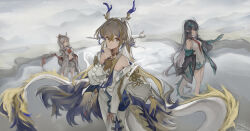  3girls absurdres arknights bandeau bare_shoulders beads black_hair black_jacket blonde_hair blue_hair brown_eyes chinese_commentary closed_mouth coat colored_extremities commentary_request dragon_girl dragon_horns dragon_tail dress dusk_(arknights) earrings expressionless green_horns green_tail grey_coat grey_eyes grey_hair grey_shorts hair_between_eyes hair_intakes hand_on_own_chest highres holding horns jacket jewelry linkai long_hair long_sleeves looking_ahead looking_at_viewer midriff multicolored_hair multiple_girls muted_color necklace necktie nian_(arknights) off_shoulder open_clothes open_coat open_jacket outdoors outstretched_arm pants pointy_ears profile red_bandeau red_horns red_necktie short_dress shorts shu_(arknights) siblings sisters sleeveless sleeveless_dress standing strapless tail tube_top white_dress white_jacket white_pants white_tail white_tube_top yellow_tail 