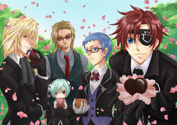  5boys alternate_costume asbel_lhant beard blonde_hair blue_eyes blue_hair brothers brown_hair cherry_blossoms chocolate commentary_request eyepatch facial_hair glasses gloves hubert_ozwell lambda_(tales) malik_caesars multiple_boys petals photoshop_(medium) richard_(tales) san_(sypay) siblings sunglasses tales_of_(series) tales_of_graces tuxedo valentine yellow_eyes 