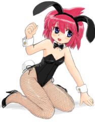  :d animal_ears blue_eyes breasts commentary_request female fishnet_pantyhose fishnets ieon kneeling looking_to_the_side marison_(aono107) open_mouth original pantyhose playboy_bunny rabbit_ears red_hair short_hair smile solo 