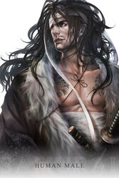  1boy beard black_eyes black_hair facial_hair fantasy hage2013 headband highres japanese_clothes kimono lineage long_hair male_focus manly player_character_(lineage) samurai solo sword tattoo weapon 