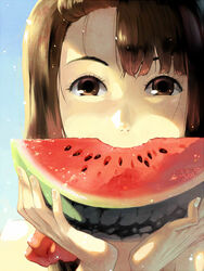  brown_eyes brown_hair commentary english_commentary female food fruit hands holding holding_food holding_fruit holding_watermelon juby original portrait solo watermelon 