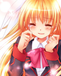  blonde_hair bow closed_eyes commentary_request female little_busters! long_hair lowres pink_bow rai_(rai-s) school_uniform solo tears tokido_saya 