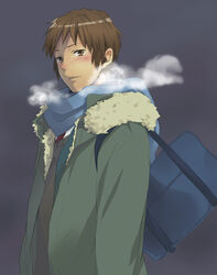  1boy bad_id bad_pixiv_id bag blazer blue_scarf breath brown_eyes brown_hair brown_vest coat green_coat green_jacket holding holding_bag jacket kita_high_school_uniform kyon long_sleeves male_focus necktie red_necktie sato_unta scarf school_bag school_uniform shirt solo suzumiya_haruhi_no_shoushitsu suzumiya_haruhi_no_yuuutsu sweater_vest upper_body vest white_shirt winter_uniform 