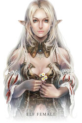  bare_shoulders blonde_hair blue_eyes breasts cleavage elf fantasy female flower hage2013 highres lineage medium_breasts navel player_character_(lineage) pointy_ears realistic solo 