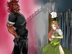  1boy bad_id bad_pixiv_id braid chrono_(himadon) commentary_request crossover death_flag female grappler_baki hanma_yujiro hat height_difference hong_meiling long_hair muscular profile red_hair short_hair star_(symbol) teeth touhou twin_braids 