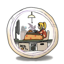  box chozo_statue female food fruit gameplay_mechanics kotatsu lowres mandarin_orange metroid mikan_box mini_person minigirl morph_ball pajamas ridley samtx samus_aran solo table television 