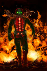  1boy belt boots commentary_request fire gloves glowing glowing_eyes guts_(artist) highres kamen_rider kamen_rider_v3 kamen_rider_v3_(series) male_focus scarf solo 