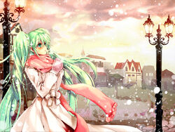  +_+ aqua_eyes aqua_hair bad_id bad_pixiv_id blush breath building city coat female gloves hatsune_miku house lamp lamppost long_hair long_sleeves mittens outdoors own_hands_together photoshop_(medium) scarf snow solo standing twintails very_long_hair vocaloid wingtemple winter 