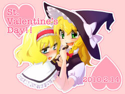  2010 2girls alice_margatroid blonde_hair blue_eyes blush braid buttons capelet chocolate commentary_request couple dress eating feeding green_eyes hair_ribbon hairband hat heart kirisame_marisa looking_back momojiri_aya multiple_girls open_mouth ribbon touhou valentine witch_hat yuri 