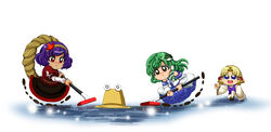  3girls absurdres blonde_hair blue_eyes broom brown_eyes chibi commentary_request curling detached_sleeves frog ginnyo green_hair hair_ornament hat highres ice kochiya_sanae moriya_suwako multiple_girls o_o photoshop_(medium) purple_hair pyonta red_eyes short_hair snake touhou yasaka_kanako yellow_eyes 