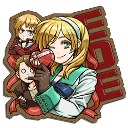  2boys blonde_hair blue_eyes box brown_hair commentary_request end_of_eternity female gloves green_eyes headband heart heart-shaped_box jewelry kuroshin long_hair multiple_boys necklace one_eye_closed partial_commentary photoshop_(medium) reanbell valentine vashyron zephyr_(end_of_eternity) 