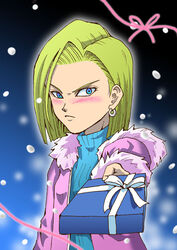  android_18 blonde_hair blue_eyes blush closed_mouth dragon_ball dragon_ball_z earrings female gift giving holding holding_gift incoming_gift jewelry looking_at_viewer poki_a short_hair snowing solo tsundere upper_body valentine 