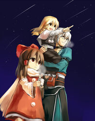  1boy 2girls aged_down alternate_costume bad_id bad_pixiv_id blonde_hair braid brown_eyes brown_hair carrying hakurei_reimu kirisame_marisa morichika_rinnosuke multiple_girls night night_sky pointing red_eyes scarf shooting_star sigina sky star_(sky) stargazing tea touhou white_hair yellow_eyes 