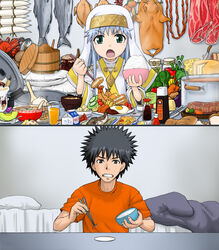  1boy bed black_hair bowl chopsticks clenched_teeth commentary_request crab crustacean eating egg female fish food fruit index_(toaru_majutsu_no_index) kamijou_touma long_hair meat melon ohitsu pig pillow plate rice spiked_hair tears teeth toaru_majutsu_no_index uchuu_ika 