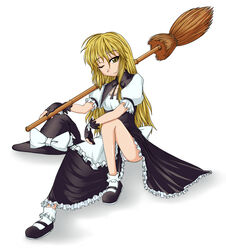  apron blonde_hair broom commentary_request curiosities_of_lotus_asia dress female fingerless_gloves gloves hat kirisame_marisa one_eye_closed panties pantyshot ribbon sitting solo touhou tsukimi_(ryouiki_ridatsu) underwear witch_hat yellow_eyes 