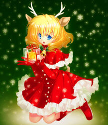  animal_ears antlers bell blonde_hair blue_eyes boots capelet christmas commentary_request deer_ears elbow_gloves female gift gloves holding holding_gift horns nano00 original photoshop_(medium) red_gloves snow solo 