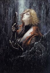  1boy androgynous blonde_hair blue_eyes castlevania:_lament_of_innocence castlevania_(series) charcoal_(medium) gloves highres kojima_ayami leon_belmont male_focus official_art oil_painting_(medium) painting_(medium) solo traditional_media whip 