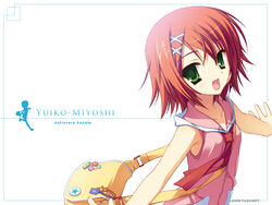  2008 bag character_name company_name copyright_name female green_eyes handbag highres kobuichi miyoshi_yuiko muririn natsuzora_kanata official_art official_wallpaper orange_hair short_hair solo 