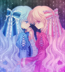  2girls blue_eyes blue_hair bow commentary_request dress frills long_hair multiple_girls nano00 original photoshop_(medium) pink_eyes pink_hair siblings sisters smelling twins very_long_hair 