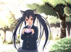  amamiya_minato animal_ears black_hair blazer box brown_eyes buttons cat_ears commentary_request female heart heart-shaped_box jacket k-on! leaf light_rays long_hair nakano_azusa sakuragaoka_high_school_uniform school_uniform shy solo sunbeam sunlight tree tsurime twintails valentine wind 