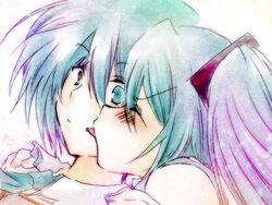  1boy blush closed_eyes commentary_request dual_persona female genderswap_(ftm) hatsune_miku hatsune_mikuo headphones long_hair palpil rule_63 short_hair vocaloid 