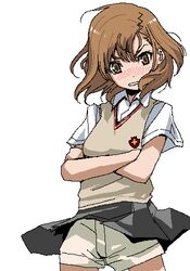  blush brown_eyes brown_hair brown_sweater_vest chiisan clothes_lift collarbone collared_shirt commentary_request cowboy_shot crossed_arms female grey_skirt jaggy_lines looking_at_viewer lowres misaka_mikoto nose_blush oekaki parted_lips pleated_skirt school_uniform shirt short_hair short_sleeves shorts shorts_under_skirt simple_background skirt skirt_lift solo summer_uniform sweater_vest toaru_kagaku_no_railgun toaru_majutsu_no_index tokiwadai_school_uniform v-shaped_eyebrows white_background white_shirt wind wind_lift 