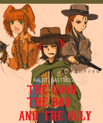  3girls amami_haruka commentary_request cowboy_hat cowboy_western crossover ernest fusion gun handgun hat idolmaster idolmaster_(classic) minase_iori movie_poster multiple_girls parody photoshop_(medium) poncho poster_(medium) poster_parody revolver smoking takatsuki_yayoi the_good_the_bad_and_the_ugly twintails weapon 