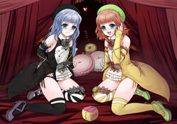  1boy asymmetrical_legwear black_thighhighs blue_hair bow brown_bow bug butterfly commentary_request elbow_gloves eri_(artist) female flower frills furfur gloves green_flower green_rose hat legs mismatched_legwear orange_hair otoko_no_ko purple_flower purple_rose rose sakutarou_(umineko) striped_clothes striped_thighhighs symmetry thighhighs umineko_no_naku_koro_ni yellow_thighhighs zepar 