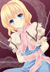  alice_margatroid blonde_hair blue_eyes blush bondage bondage bound commentary_request female hairband katagiri_chisato short_hair solo touhou 