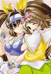  2girls ahoge arm_hug bare_shoulders between_breasts bow breasts brown_hair cleavage fingerless_gloves gloves green_eyes hairbow hasumi_eri highres holding_hands hug impossible_clothes impossible_shirt jewelry large_breasts long_hair midriff mirumachi_kurumi multiple_girls navel necklace official_art one_eye_closed open_mouth pleated_skirt red_eyes ribbon scan school_uniform serafuku shirt short_hair skirt sugeno_tomoaki twintails vanguard_princess very_long_hair vest visor_cap yellow_bow 