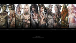  5boys 5girls armor barbell_piercing beard black_hair blonde_hair blue_eyes braid breasts bridal_gauntlets brown_eyes brown_hair cleavage colored_skin column_lineup crop_top dark_elf drill_hair dwarf earrings elf facial_hair fairy fantasy flat_chest flower green_eyes green_skin grin hage2013 hair_flower hair_ornament helmet highres horns jewelry lineage long_hair mask medium_breasts multiple_boys multiple_girls multiple_piercings muscular navel navel_piercing necklace nipple_bar nipple_piercing nipples orc panties piercing player_character_(lineage) pointy_ears red_eyes samurai small_breasts smile sword tattoo tiara tunic twintails underwear veil watermark weapon white_hair 